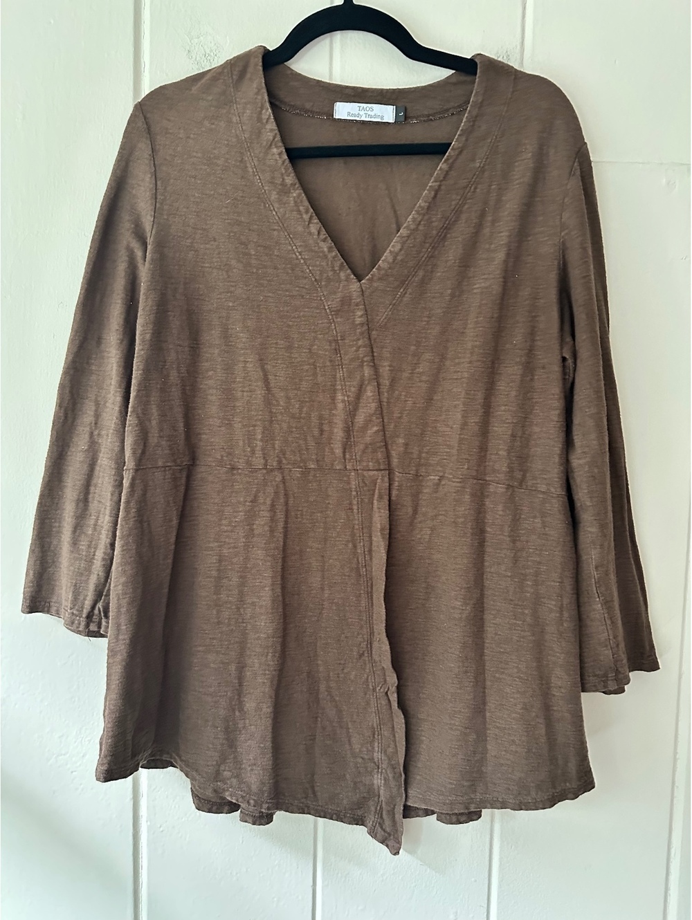 Taos Ready Trading Tunic Brown Slub Cotton B-Neck Faux Wrap Top Size Large
